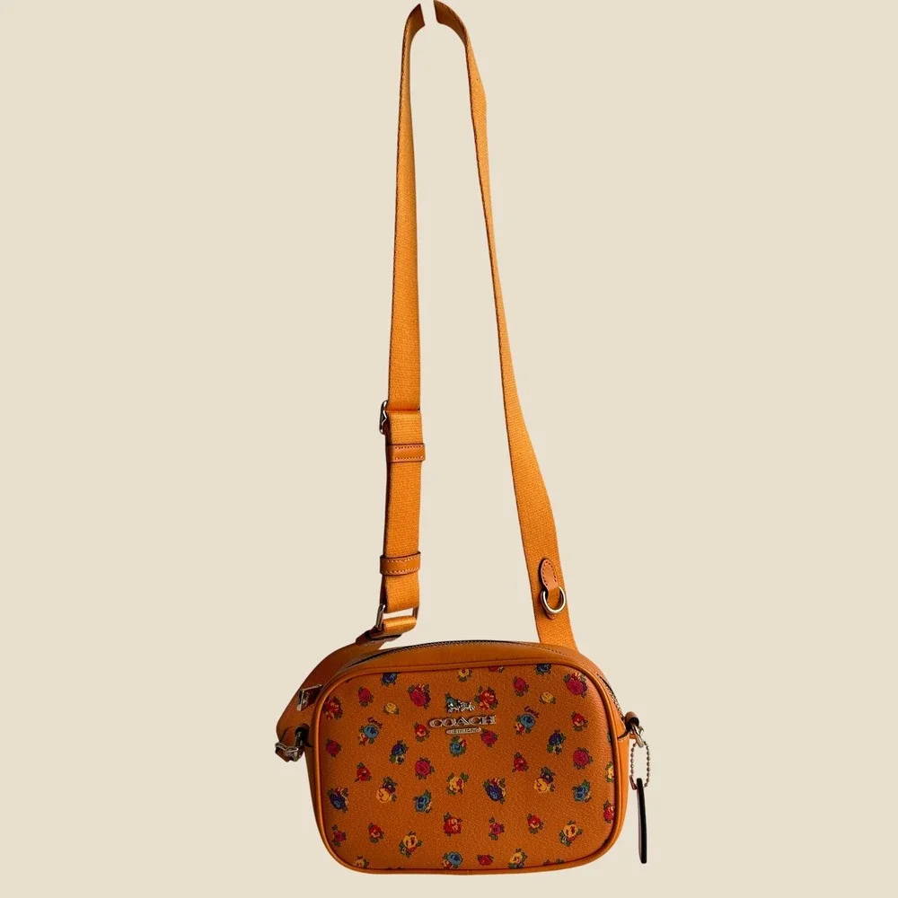 Coach Mini Jamie Camera Bag Orange Floral Pebbled Leather Crossbody Excellent